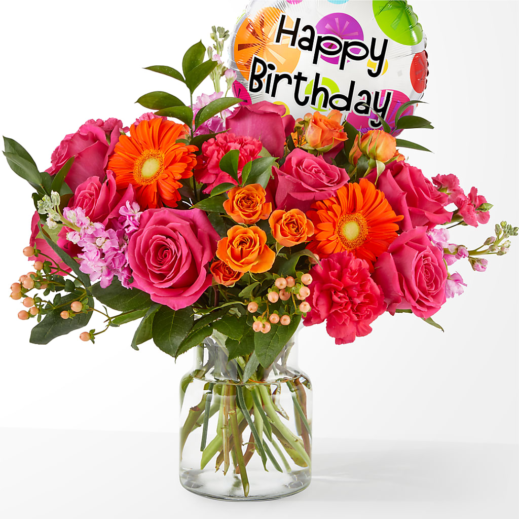 Fiesta Bouquet with Birthday Balloon – The Love Bug Flowers, Timmins ON