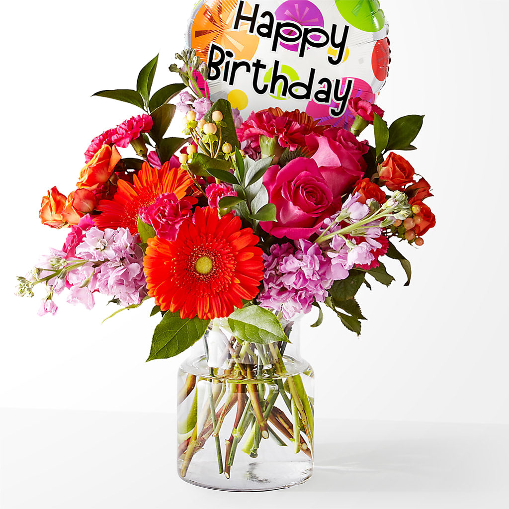 Fiesta Bouquet with Birthday Balloon – The Love Bug Flowers, Timmins ON