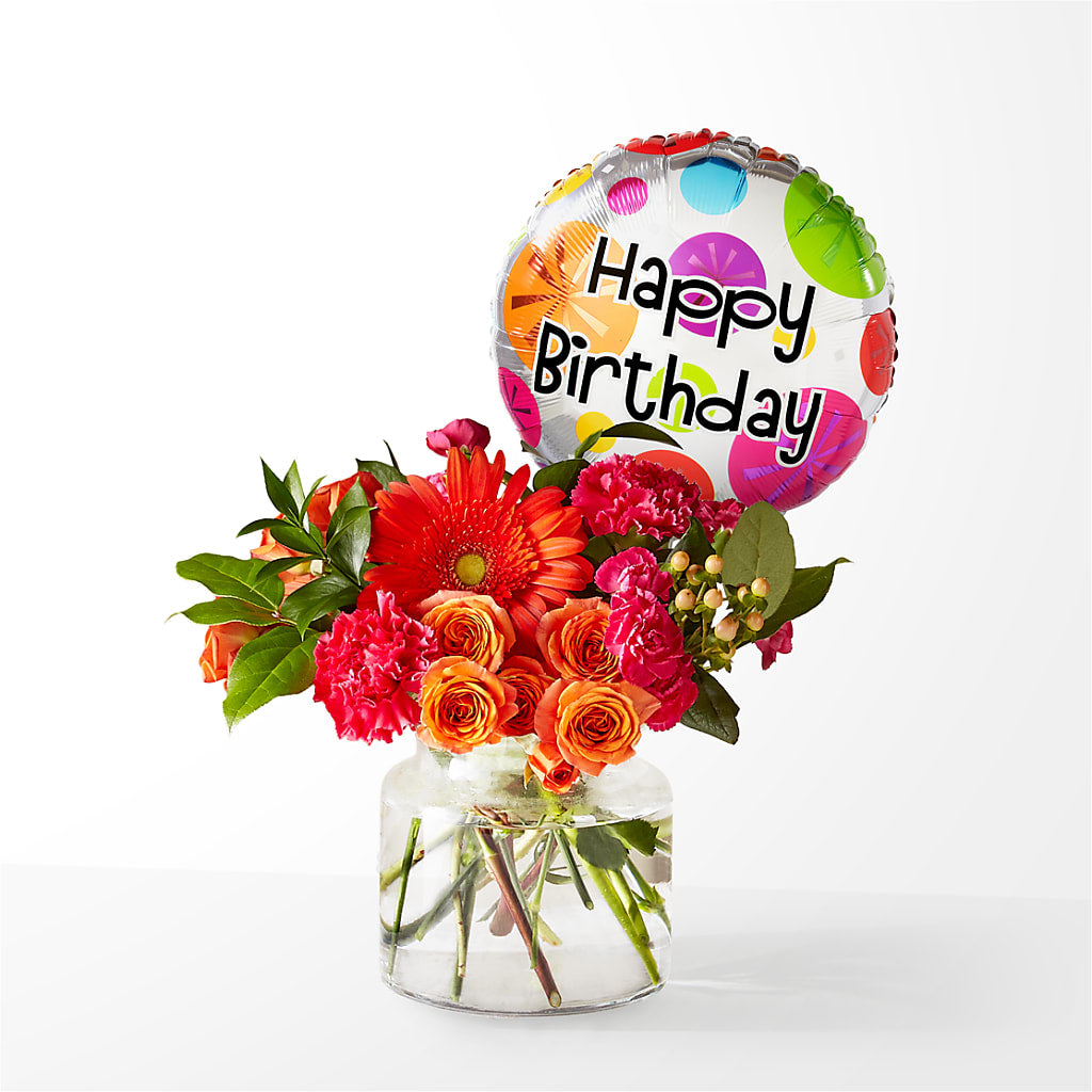 Fiesta Bouquet with Birthday Balloon – The Love Bug Flowers, Timmins ON
