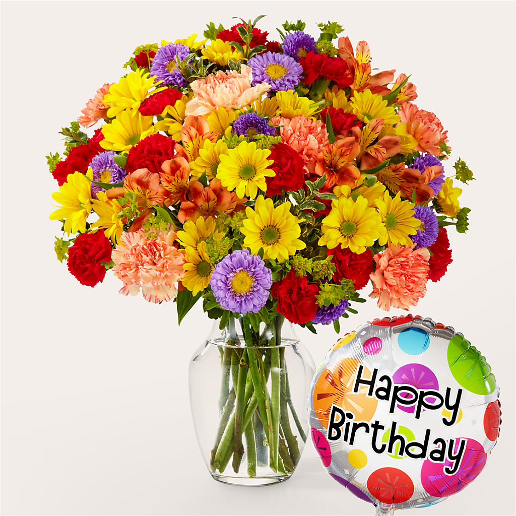 Kaleidoscope Bouquet with Birthday Balloon – The Love Bug Flowers, Timmins ON