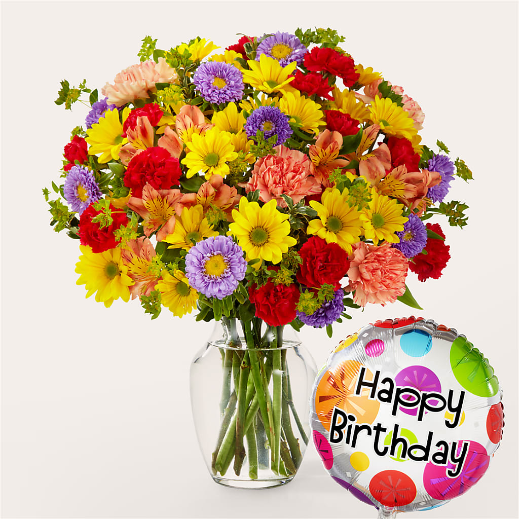 Kaleidoscope Bouquet with Birthday Balloon – The Love Bug Flowers, Timmins ON
