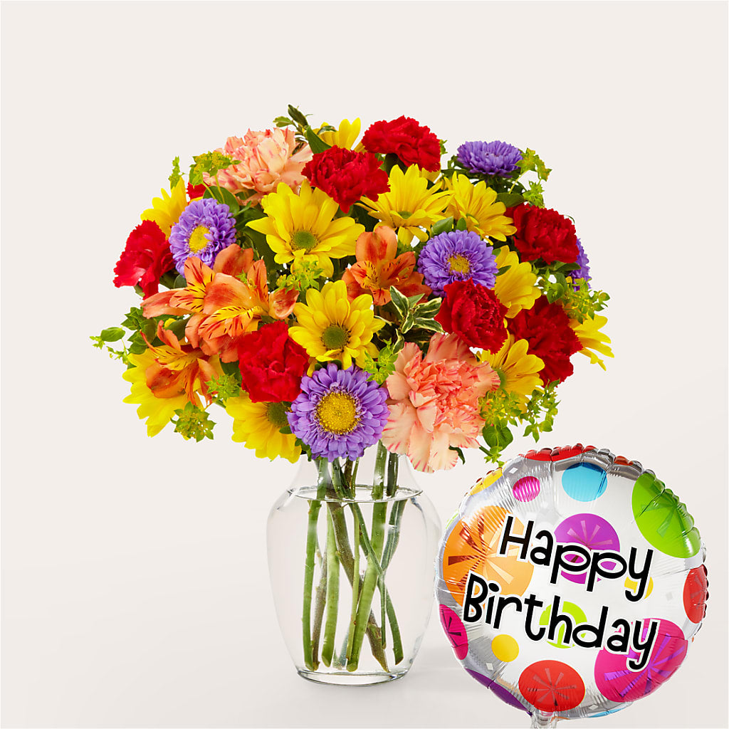 Kaleidoscope Bouquet with Birthday Balloon – The Love Bug Flowers, Timmins ON