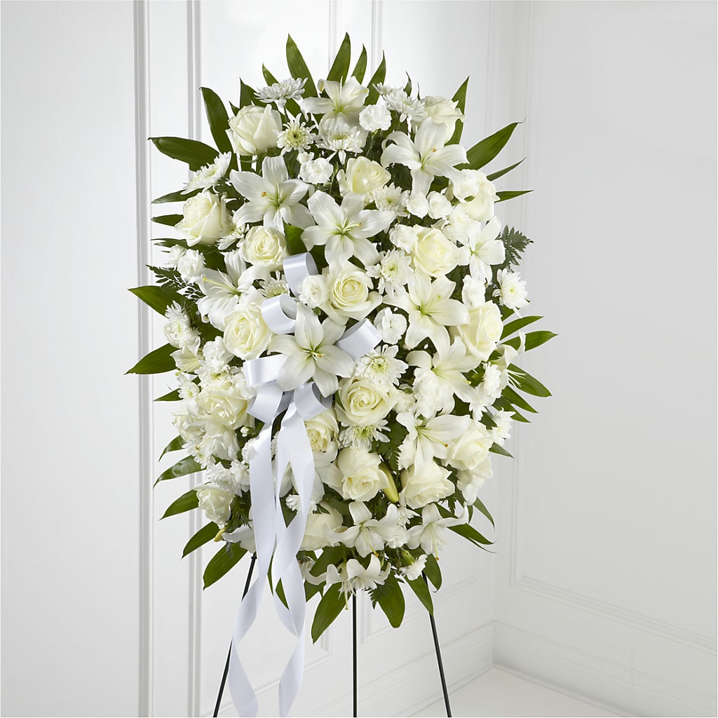 Exquisite Tribute Standing Spray-White Ribbon – The Love Bug Flowers, Timmins ON