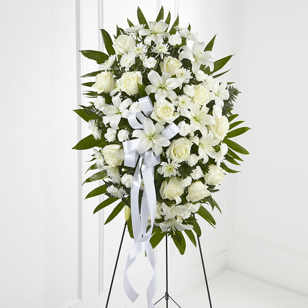 Exquisite Tribute Standing Spray-White Ribbon – The Love Bug Flowers, Timmins ON