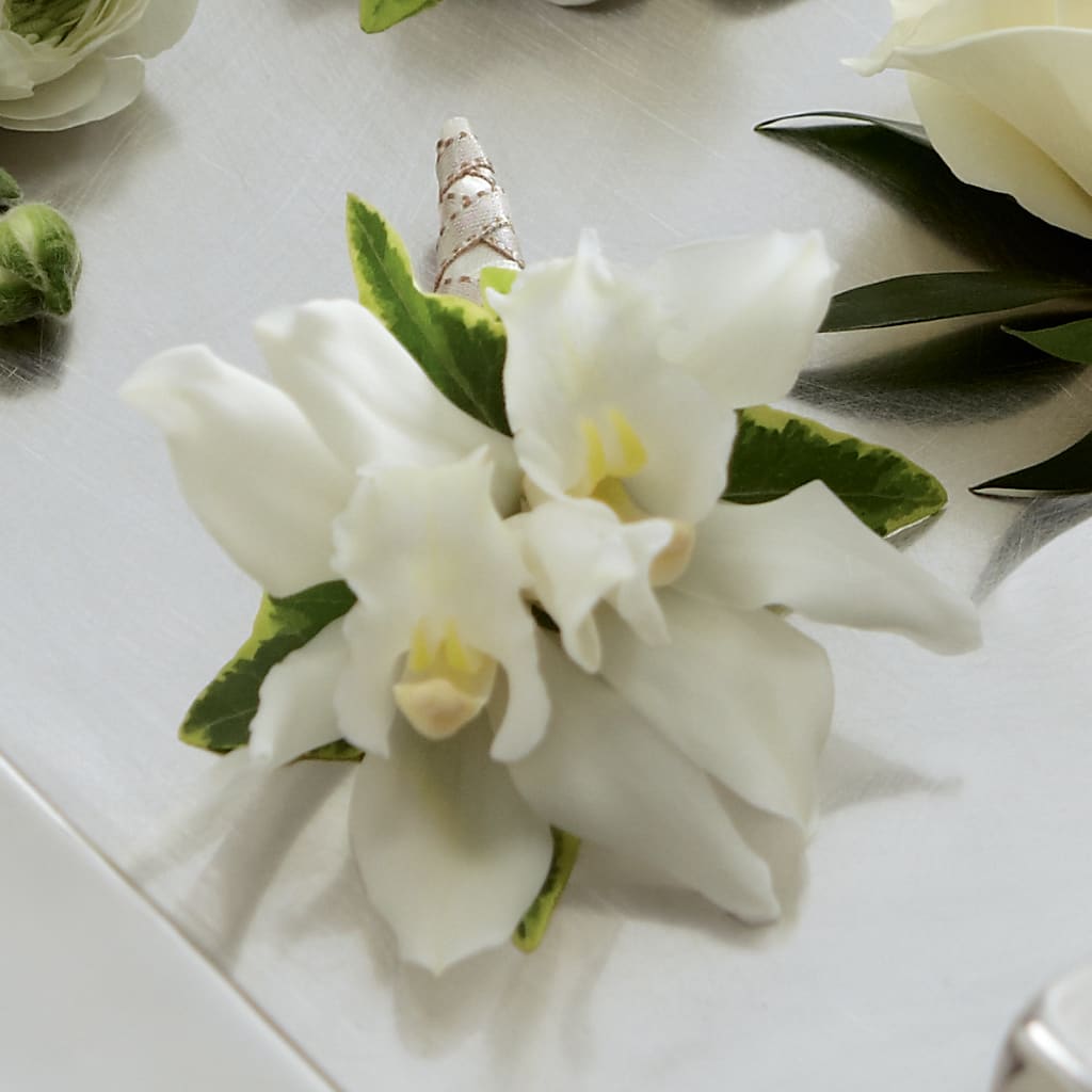 White Mini Cymbidium Boutonniere – The Love Bug Flowers, Timmins ON