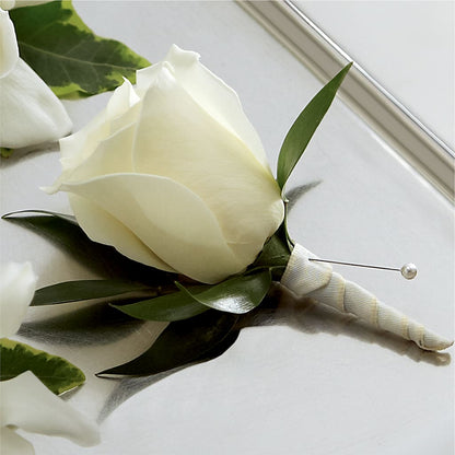 White Rose Boutonniere –  The Love Bug Flowers, Timmins ON